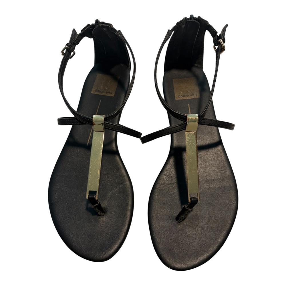 Dolce Vita Black T Strap Sandals Gold Hardware Ankle Zip Flat Womens‎ 7